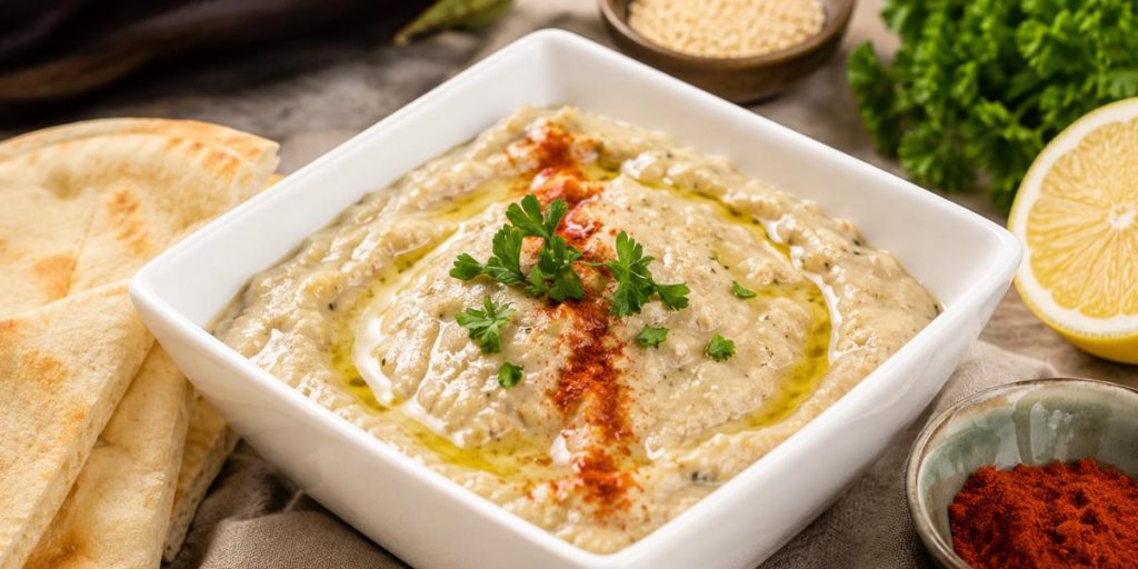 Baba ganoush casero de berenjena con tahín y pimentón