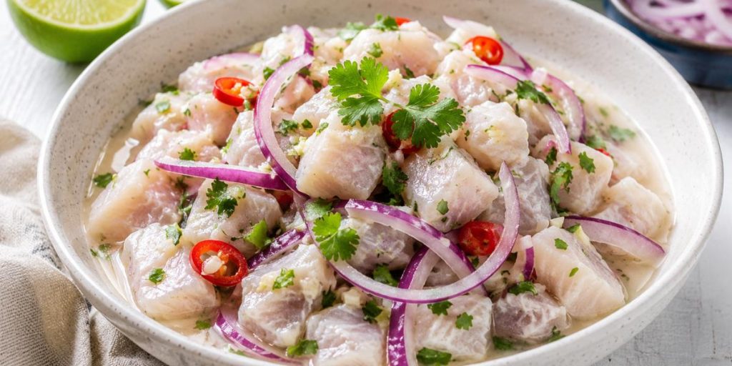 Ceviche de lubina con lima, cebolla roja y cilantro fresco