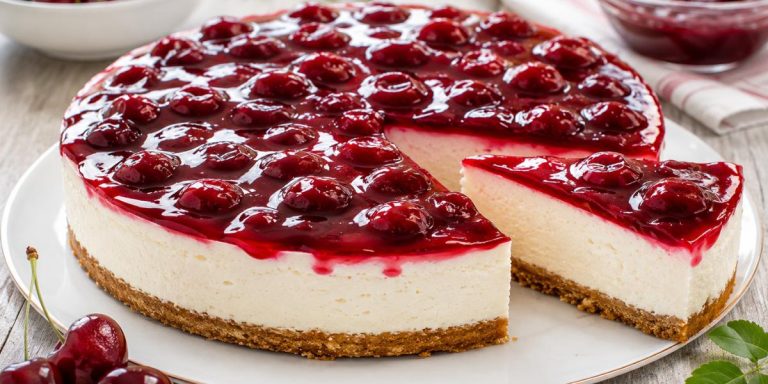 Tarta de queso con almíbar de cerezas