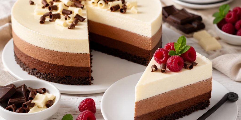Porción de tarta fría de tres chocolates decorada con frambuesas