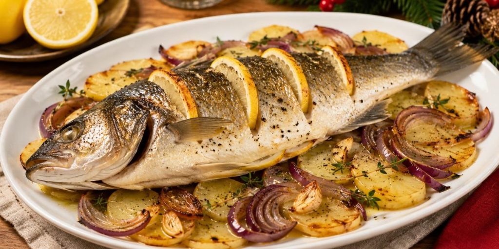 Lubina al horno con patatas y cebolla roja caramelizada