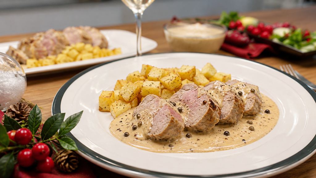 Solomillo a la pimienta con salsa cremosa y patatas