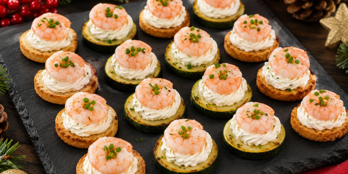 Bandeja de canapés de gambas con queso crema y cebollino