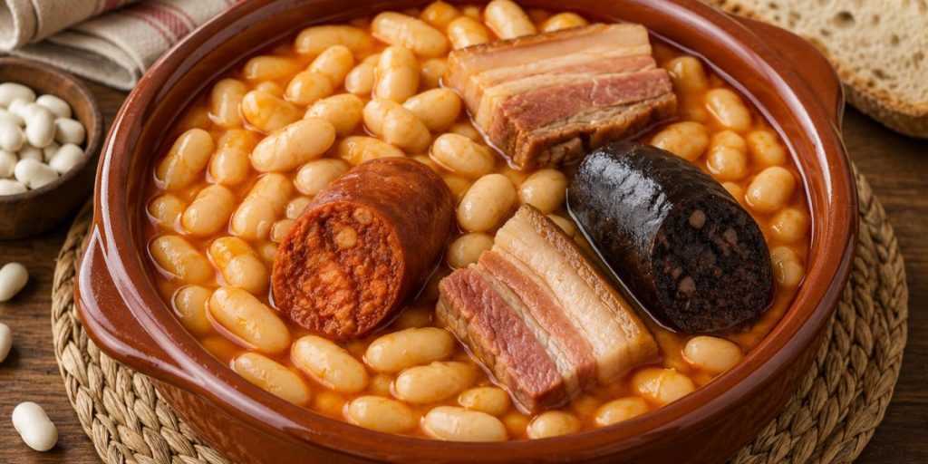 Fabada asturiana tradicional con chorizo, morcilla y panceta en cazuela de barro