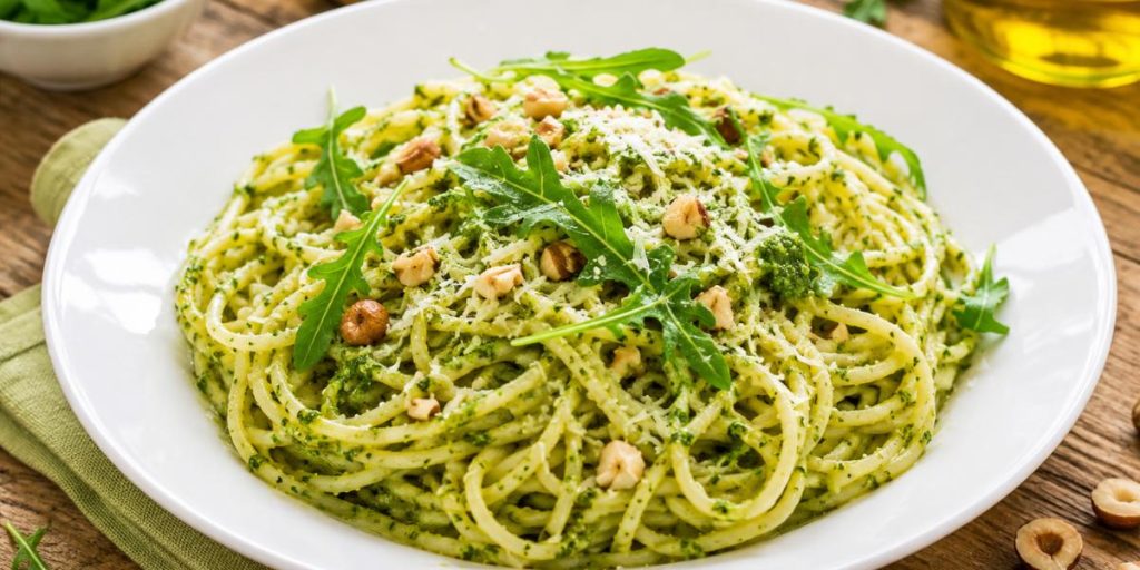 Pasta con salsa pesto de rúcula y avellanas servida en plato blanco