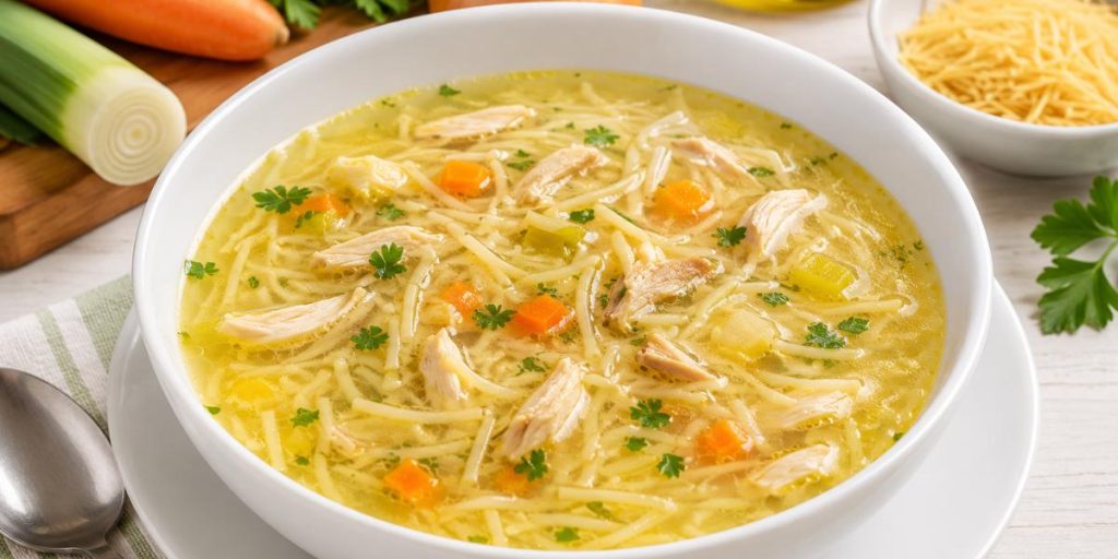 Sopa de pollo con fideos finos servida en plato blanco