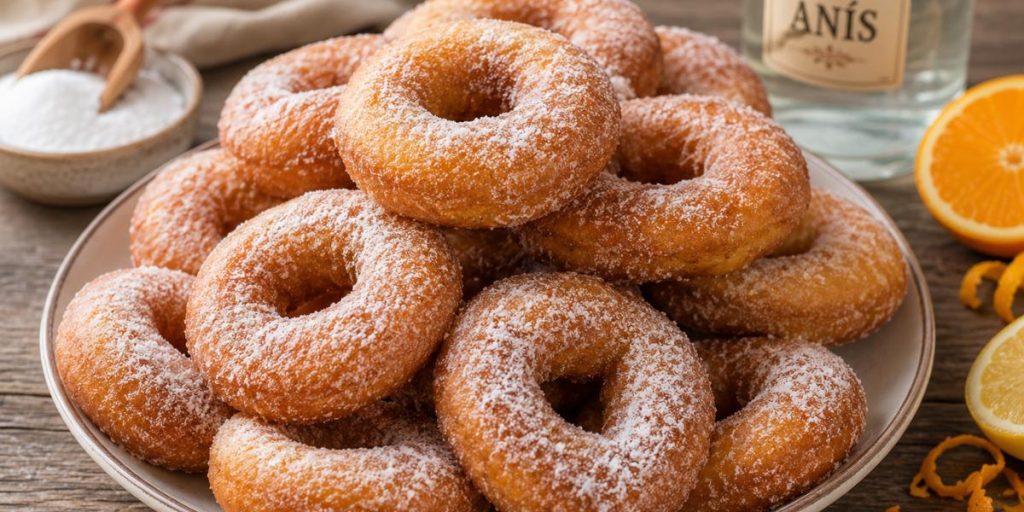Rosquillas de anís caseras espolvoreadas con azúcar sobre mesa rústica