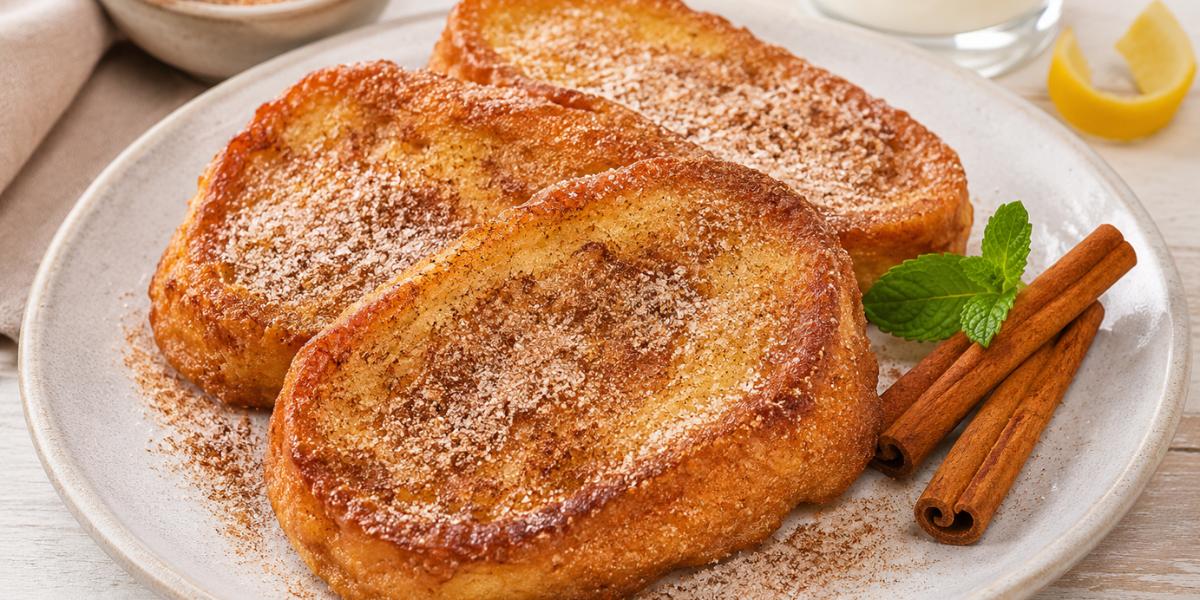 Torrijas de leche caseras con azúcar y canela acompañadas de fresas