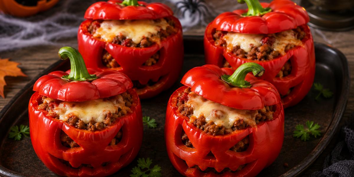 Pimientos rellenos de Halloween con forma de monstruo