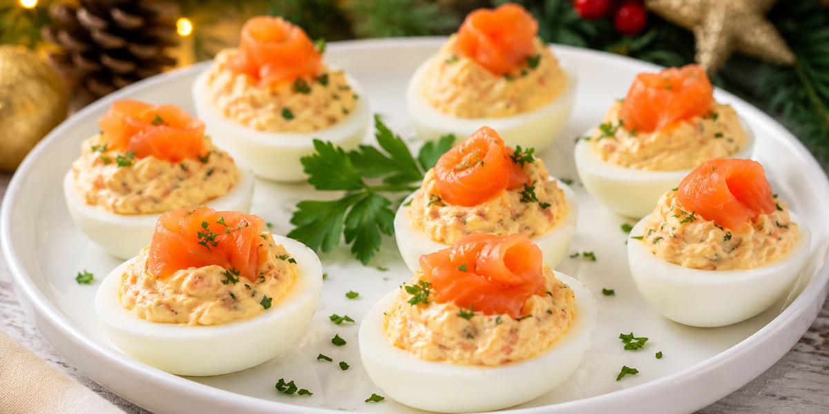 Huevos cocidos rellenos de salmón ahumado
