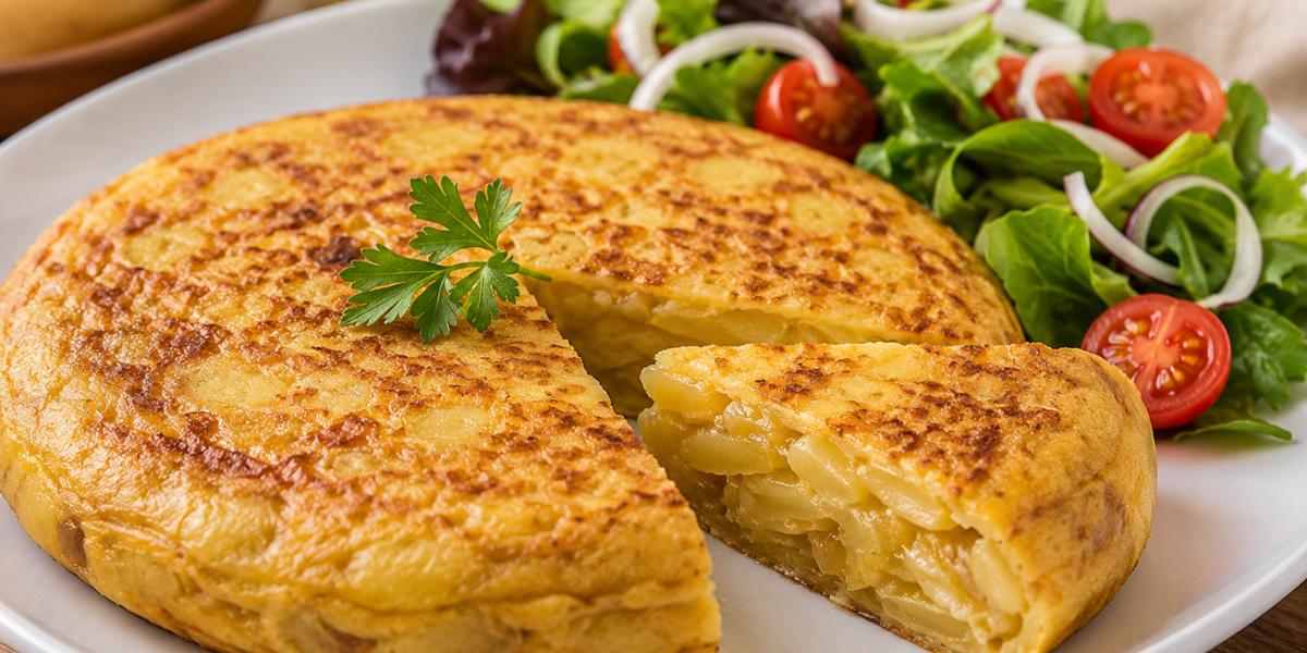 Tortilla de patatas con cebolla acompañada de ensalada