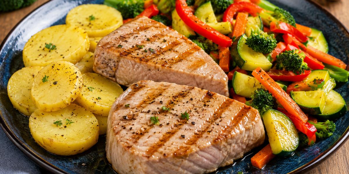Lomos de atún a la plancha con wok de verduras y patatas cocidas