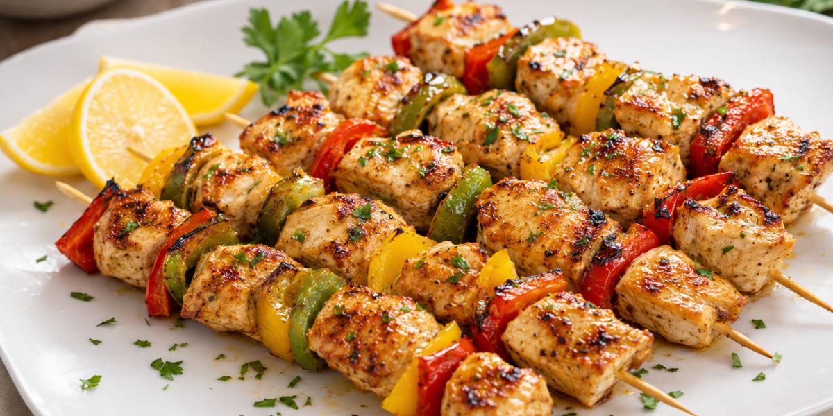 Brochetas de pollo al limón con pimientos a la plancha