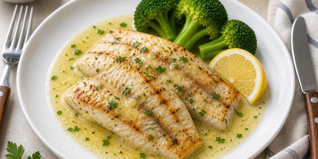 Corvina a la parrilla con salsa de limón y mantequilla