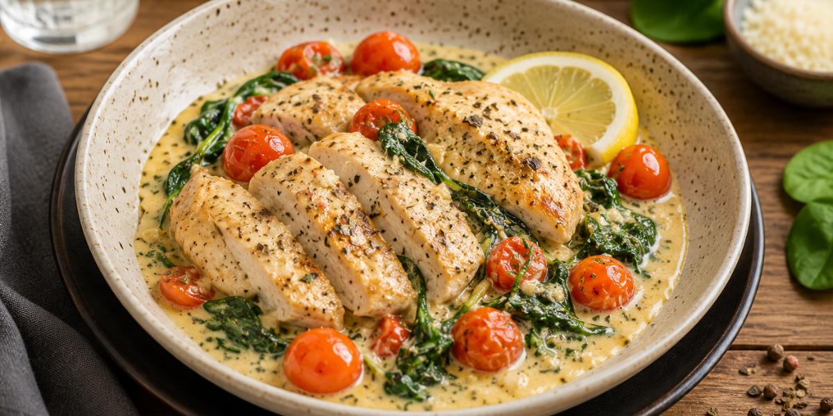 Pollo a la toscana con salsa cremosa, espinacas y tomates cherry