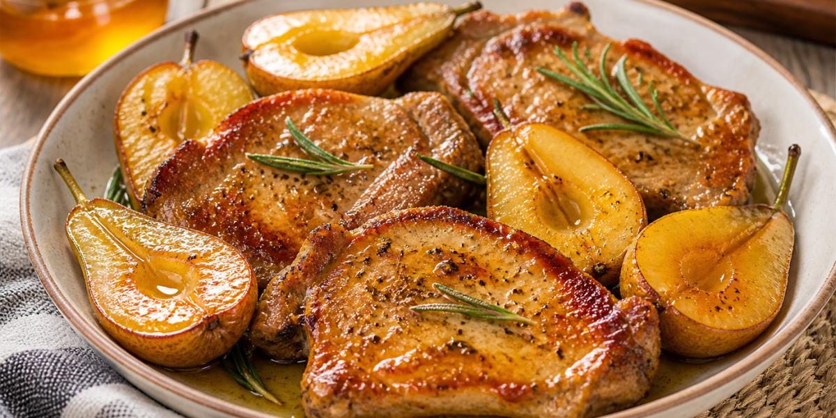 Chuletas de cerdo con peras caramelizadas y romero