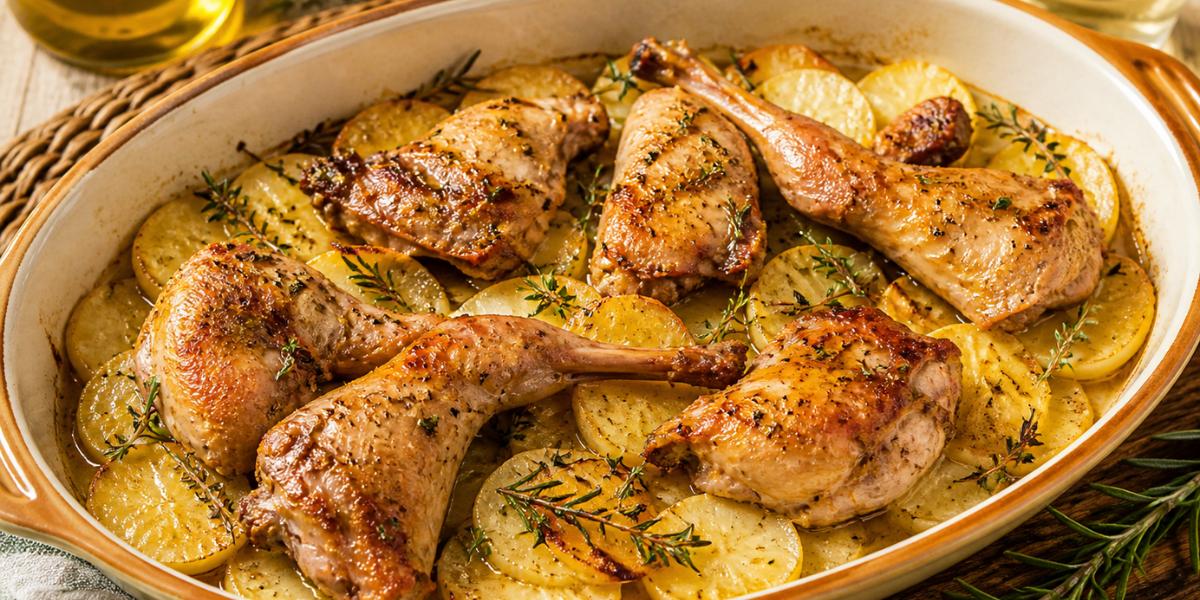 Conejo al horno con patatas panaderas doradas