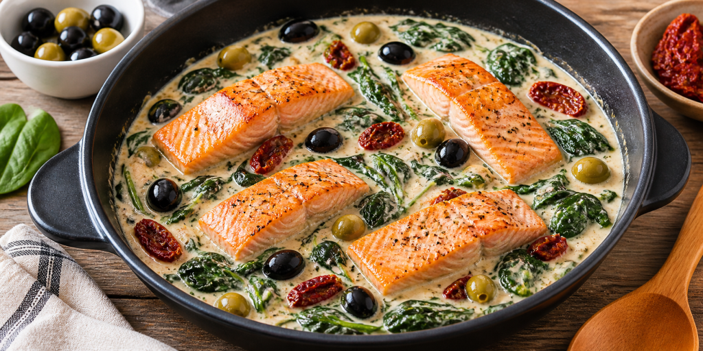 Salmón a la toscana con espinacas y tomates secos en salsa cremosa