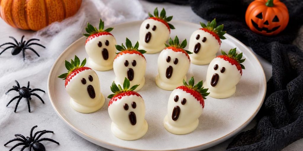 Fresas con chocolate blanco decoradas como fantasmas de Halloween