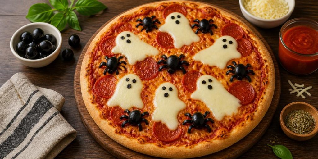 Pizza casera con fantasmas de queso y aceitunas
