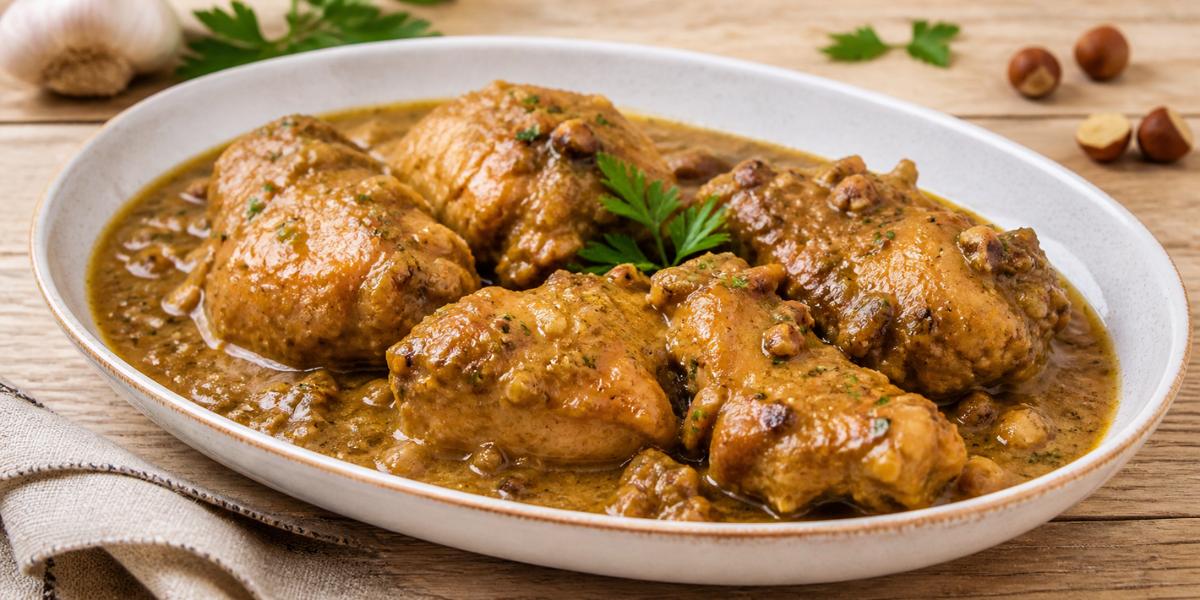 Pavita a la pepitoria casera con salsa tradicional en plato