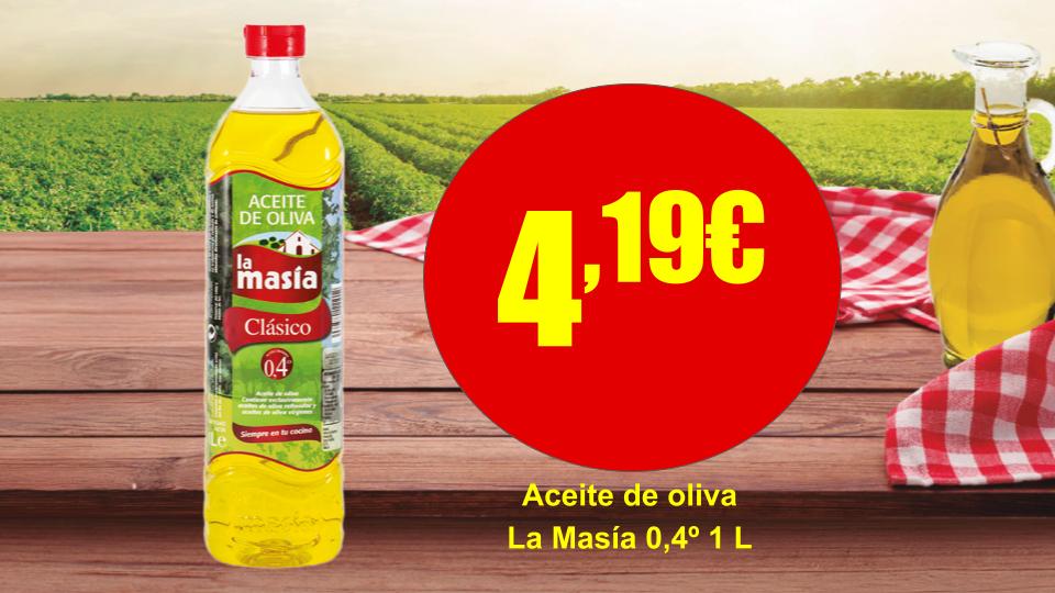 Oferta de aceite de oliva La Masía 0,4 grados 1 litro en Mercamás Casal