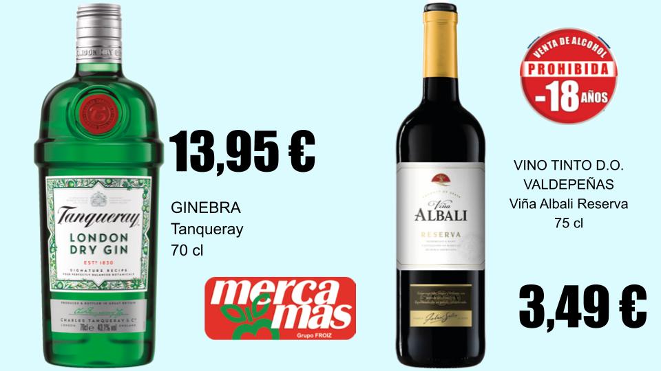 Oferta de ginebra Tanqueray y vino Viña Albali Reserva en Mercamás Casal