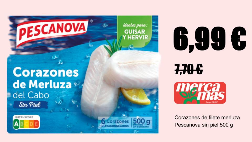 Corazones de filete de merluza Pescanova sin piel 500 g en oferta en Mercamas Casal
