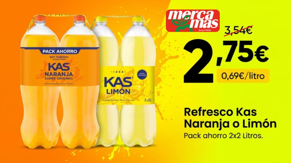 Refresco Kas Naranja o Limón pack ahorro 2 botellas de 2 litros en oferta en Mercamas Casal