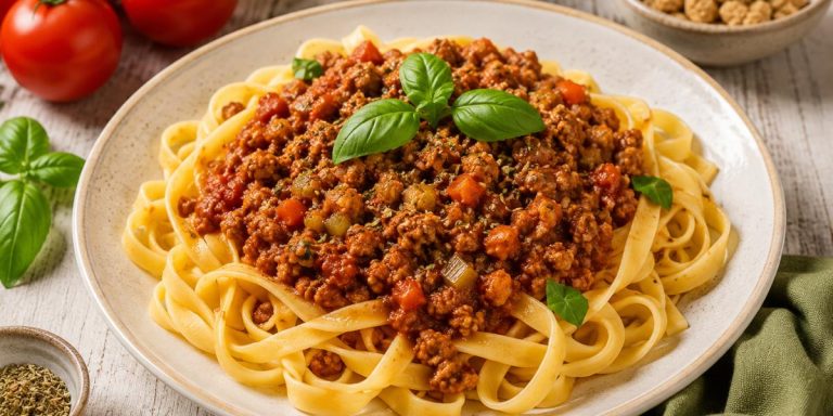 Pasta con salsa boloñesa vegana de soja