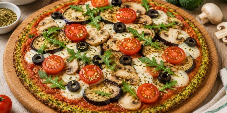 Pizza con base de brócoli y tomates Cherry