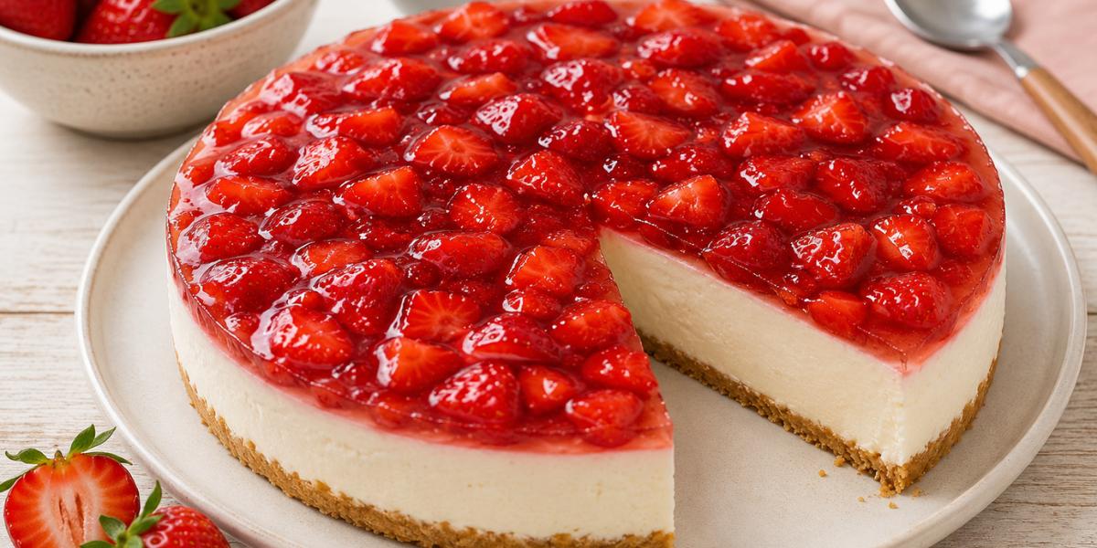 Tarta de yogur y fresas preparada en microondas con cobertura de fresas