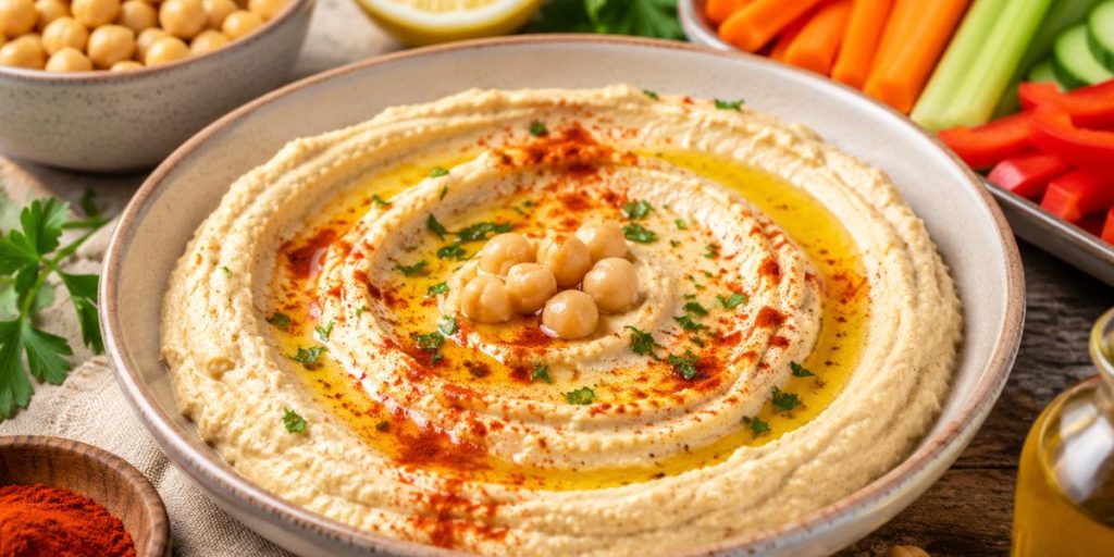 Hummus casero de garbanzos con tahín y pimentón dulce