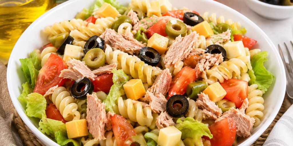 Ensalada de pasta con atún, tomate y dados de queso