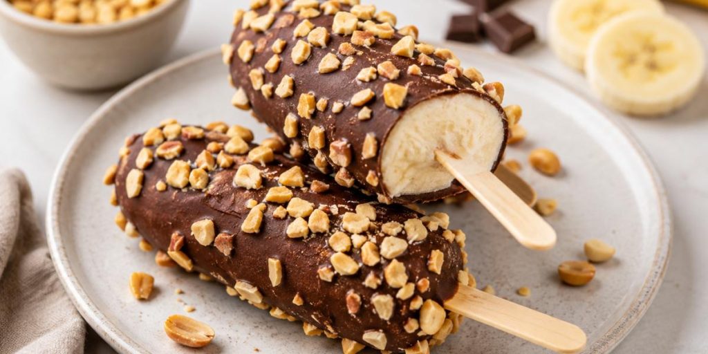 Helado casero de plátano con cobertura de chocolate y cacahuetes