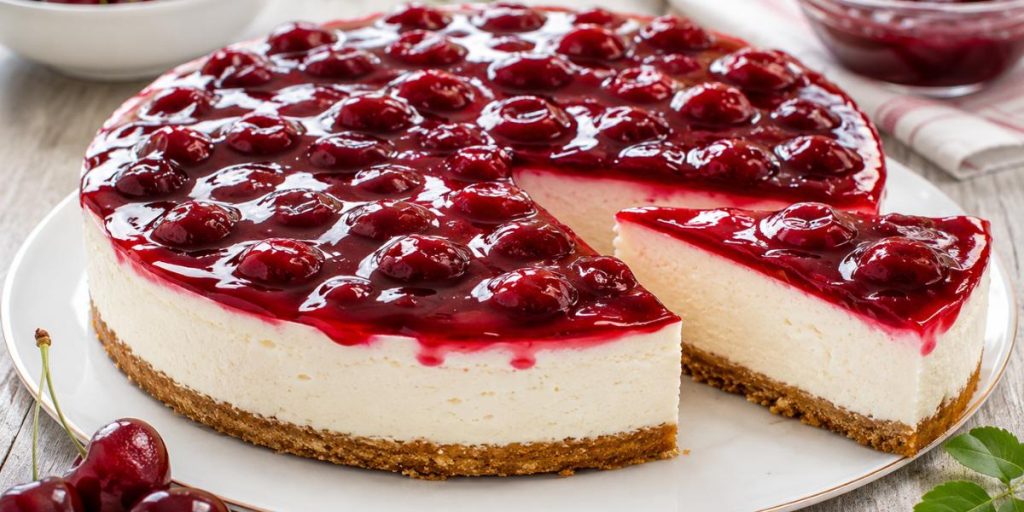 Tarta de queso con almíbar y cerezas caseras