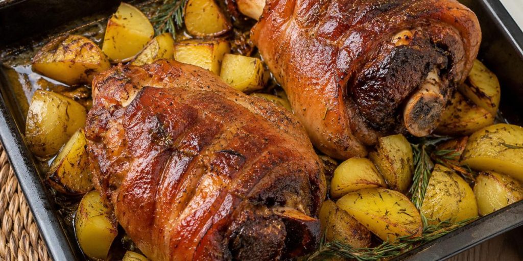 Codillo de cerdo al romero con patatas asadas al horno