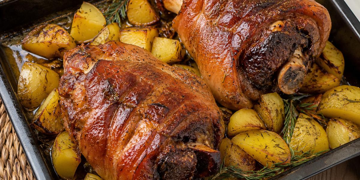 Codillo de cerdo al romero con patatas asadas al horno