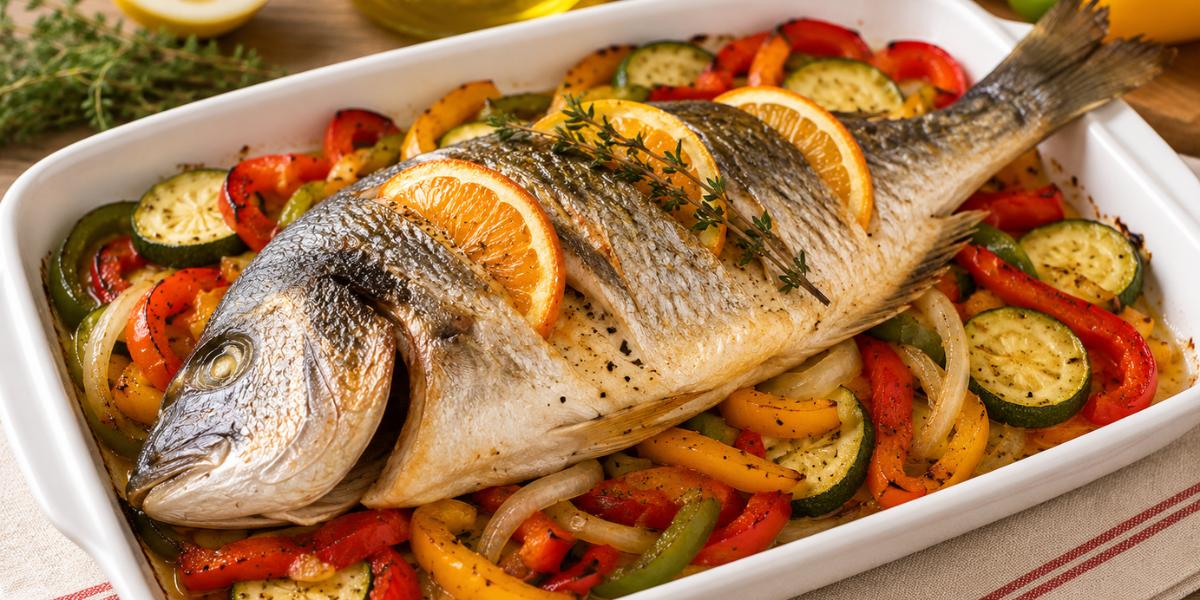 Dorada al horno con verduras, limón y patatas