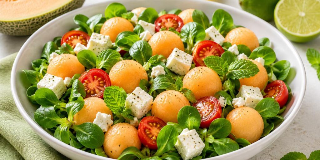 Ensalada de melón con canónigos, queso feta y tomates cherry