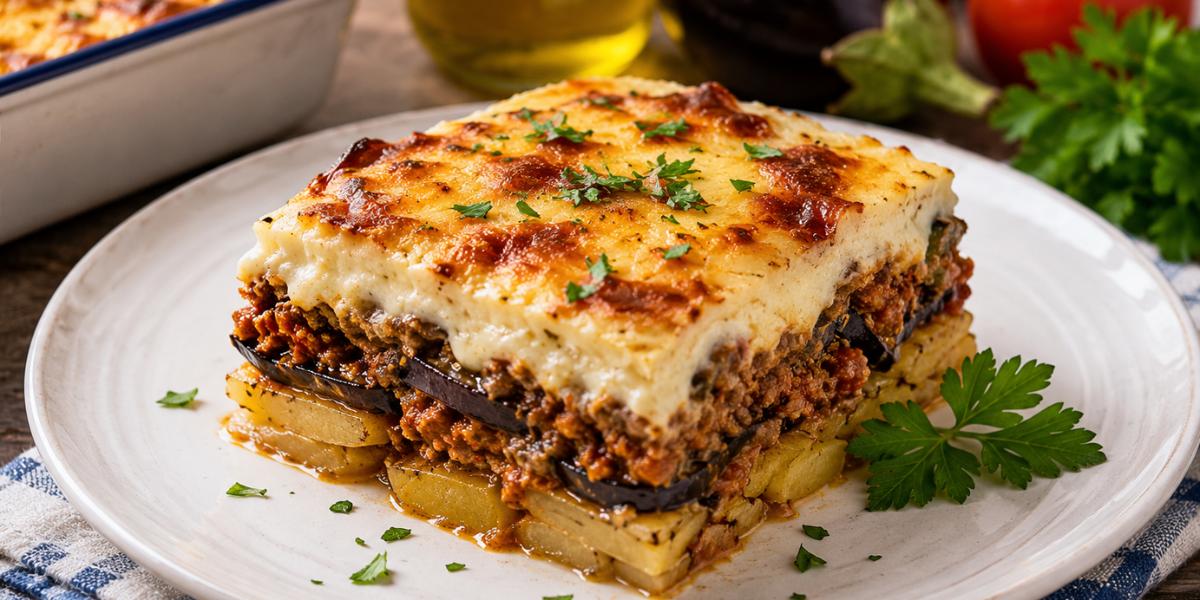 Musaka griega con carne picada, berenjena y salsa bechamel