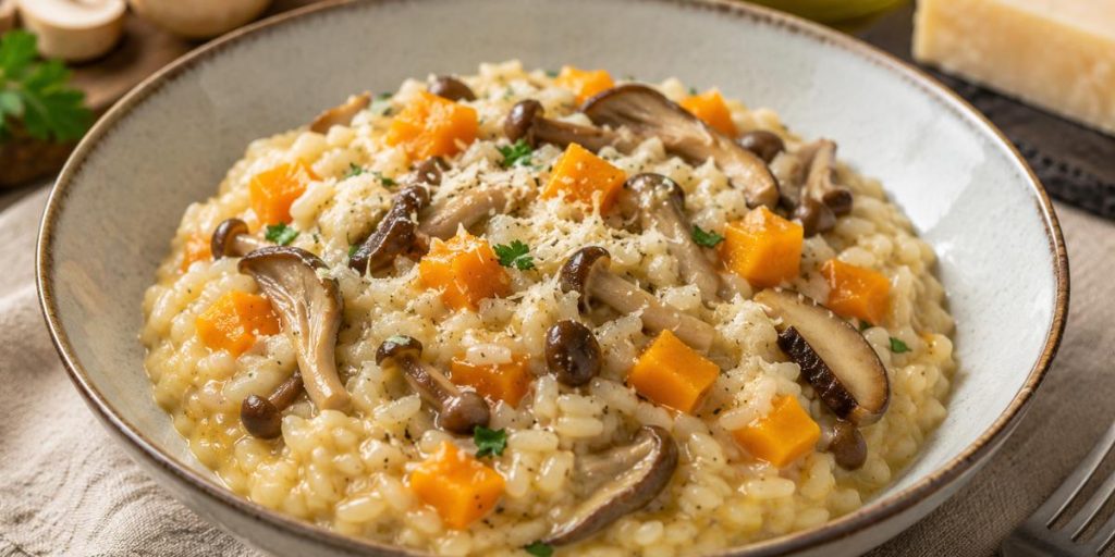 Risotto cremoso con setas variadas y calabaza