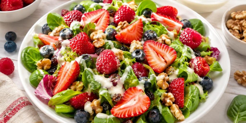 Ensalada de frutos rojos con fresas, frambuesas, arándanos y canónigos