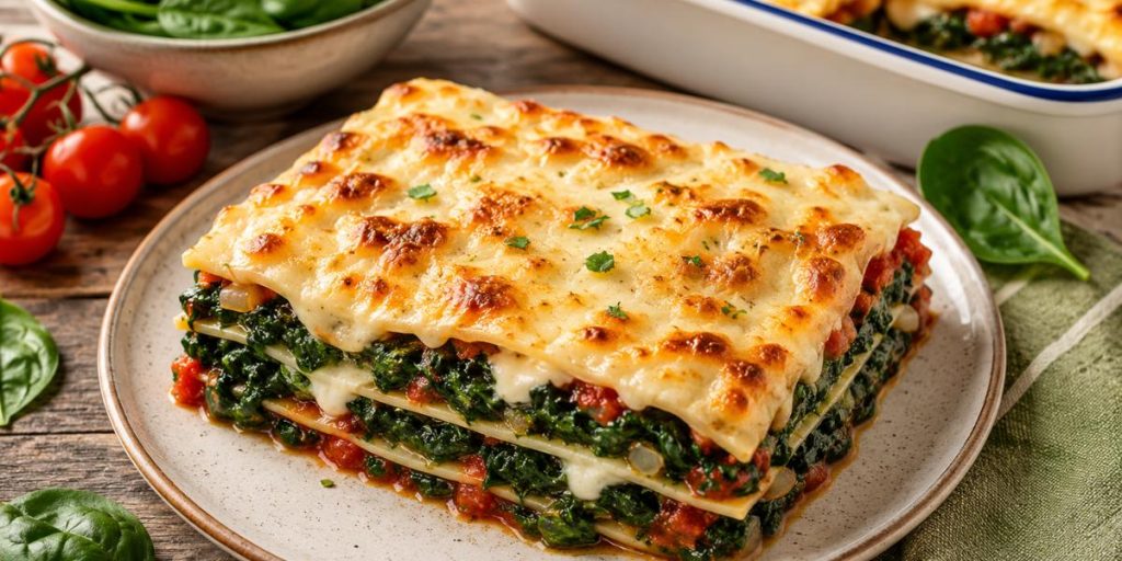 Porción de lasaña de espinacas gratinada con queso