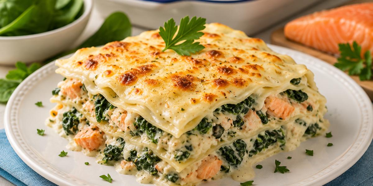 Porción de lasaña de salmón y espinacas gratinada al horno