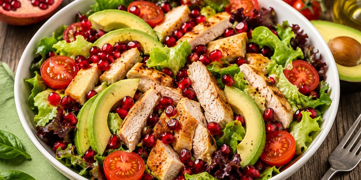 Ensalada con pollo a la plancha, aguacate, granada y tomates cherry