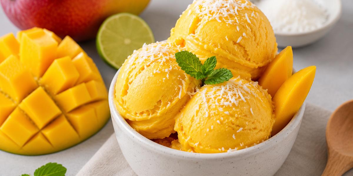 Helado casero de mango servido en vaso con coco rallado