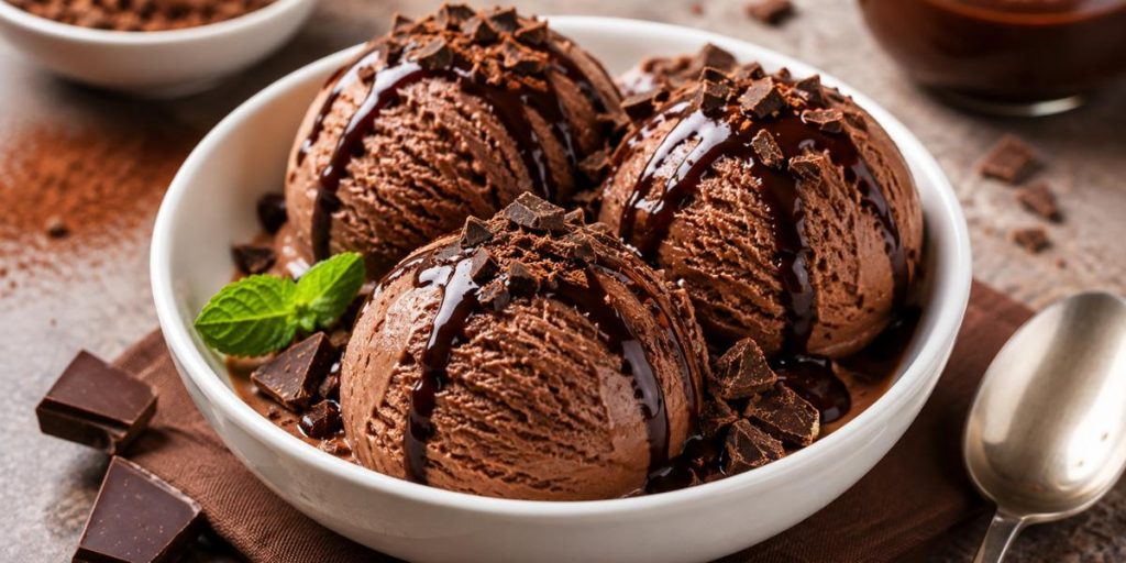 Helado de chocolate casero con sirope y trozos de chocolate
