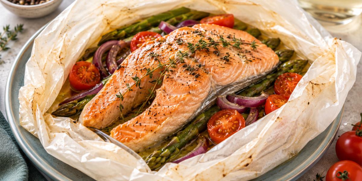 Rodaja de salmón en papillote con espárragos y tomates cherry