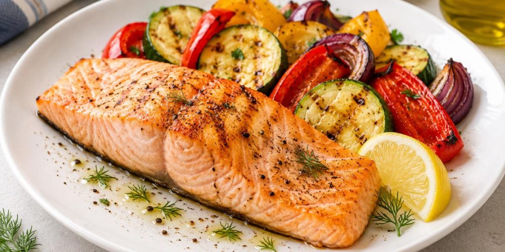Filetes de salmón a la plancha acompañados de verduras